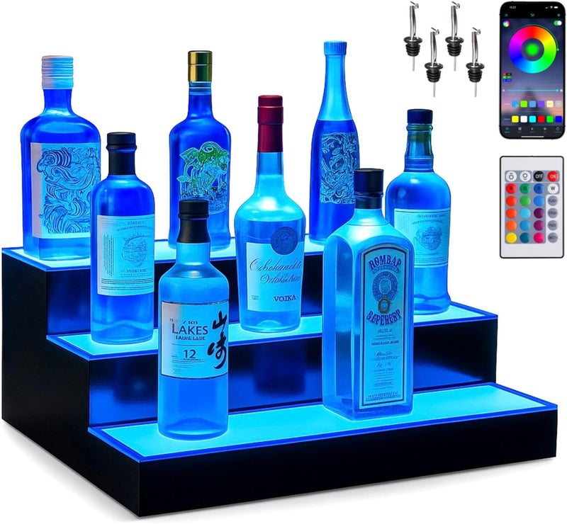 Boss Premium رف عرض زجاجات الكحول المضيء LED من بارUSA™ - وحدات رفوف الويسكي للبار المنزلي وديكور غرفة المعيشة - مصمم في الولايات المتحدة (3 خطوات، 16 بوصة) - Image 1